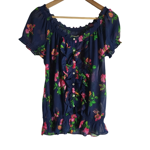 Floral Ruffle Navy Blouse - Picture 1 of 10